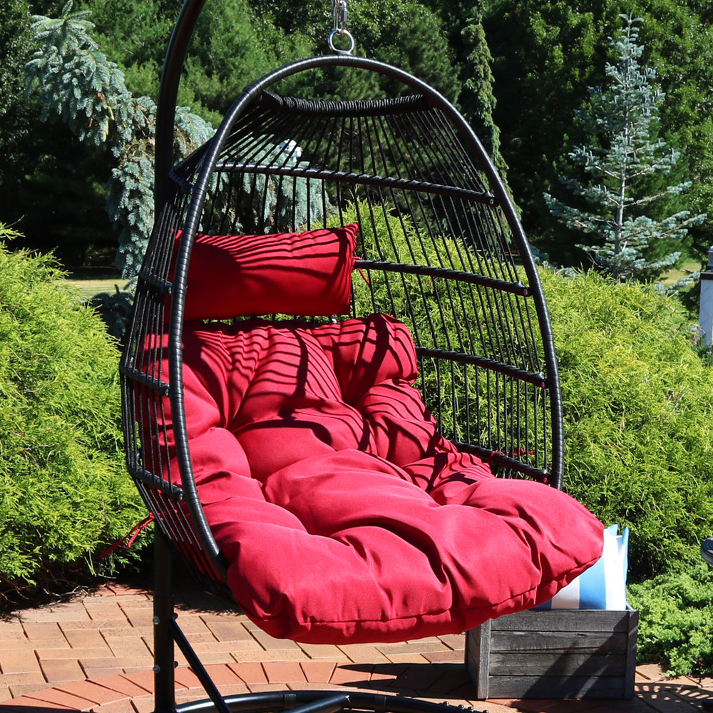 Sunnydaze Black Polyethylene Wicker Hanging Egg Chair with Cushions - Red Image 2