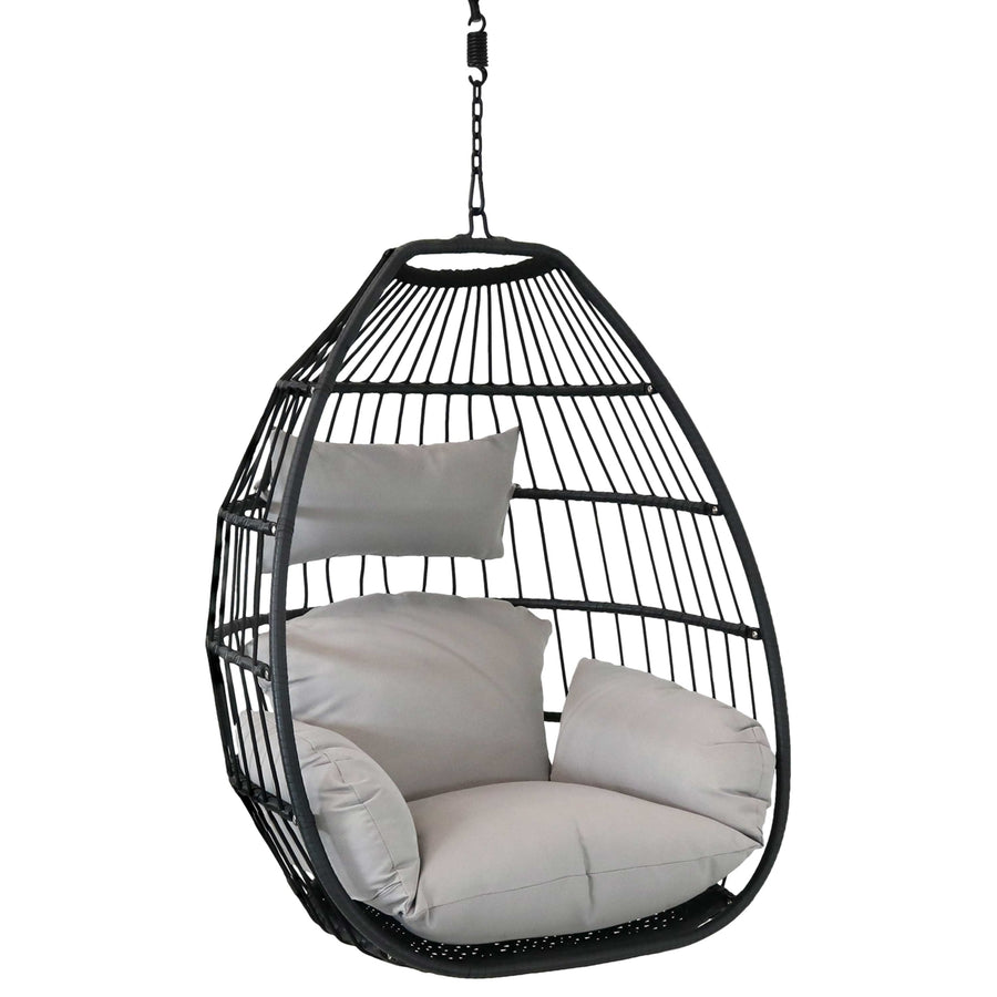 Sunnydaze Black Resin Wicker Hanging Egg Chair with Cushions - Gray Image 1