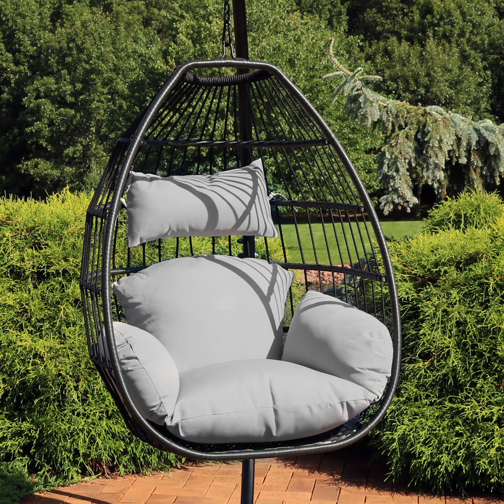 Sunnydaze Black Resin Wicker Hanging Egg Chair with Cushions - Gray Image 2