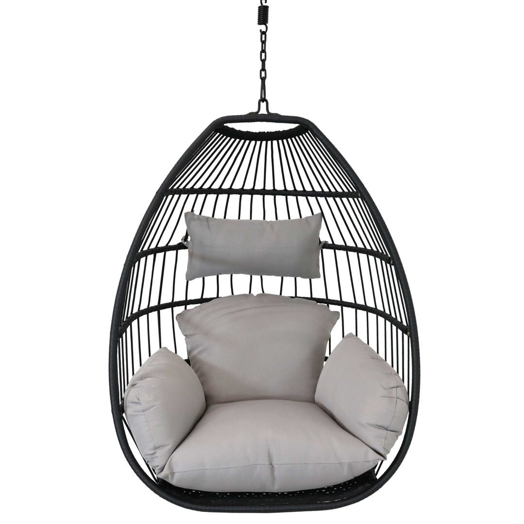 Sunnydaze Black Resin Wicker Hanging Egg Chair with Cushions - Gray Image 6