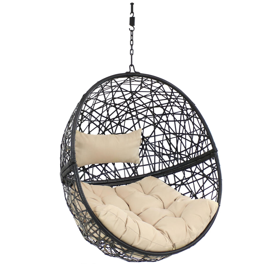 Sunnydaze Black Resin Wicker Round Hanging Egg Chair with Cushions - Yellow Image 1