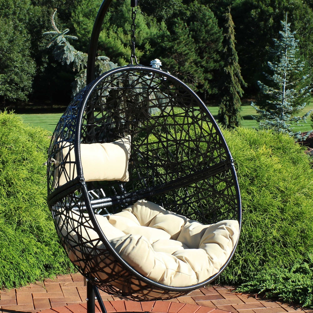 Sunnydaze Black Resin Wicker Round Hanging Egg Chair with Cushions - Yellow Image 2