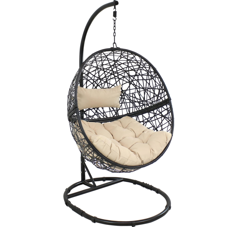 Sunnydaze Resin Wicker Hanging Egg Chair with Steel Stand/Cushion - Beige Image 1