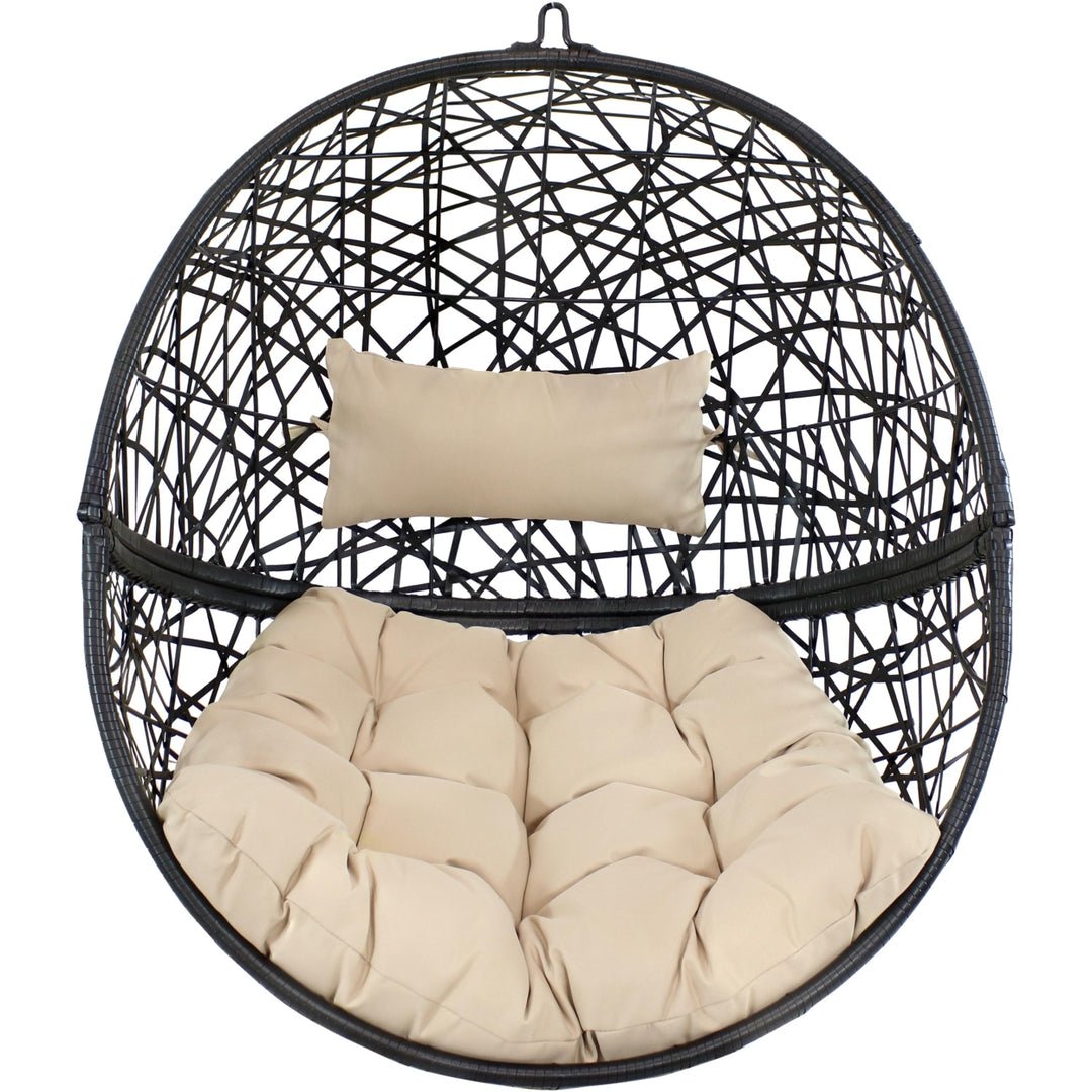 Sunnydaze Black Resin Wicker Round Hanging Egg Chair with Cushions - Yellow Image 8