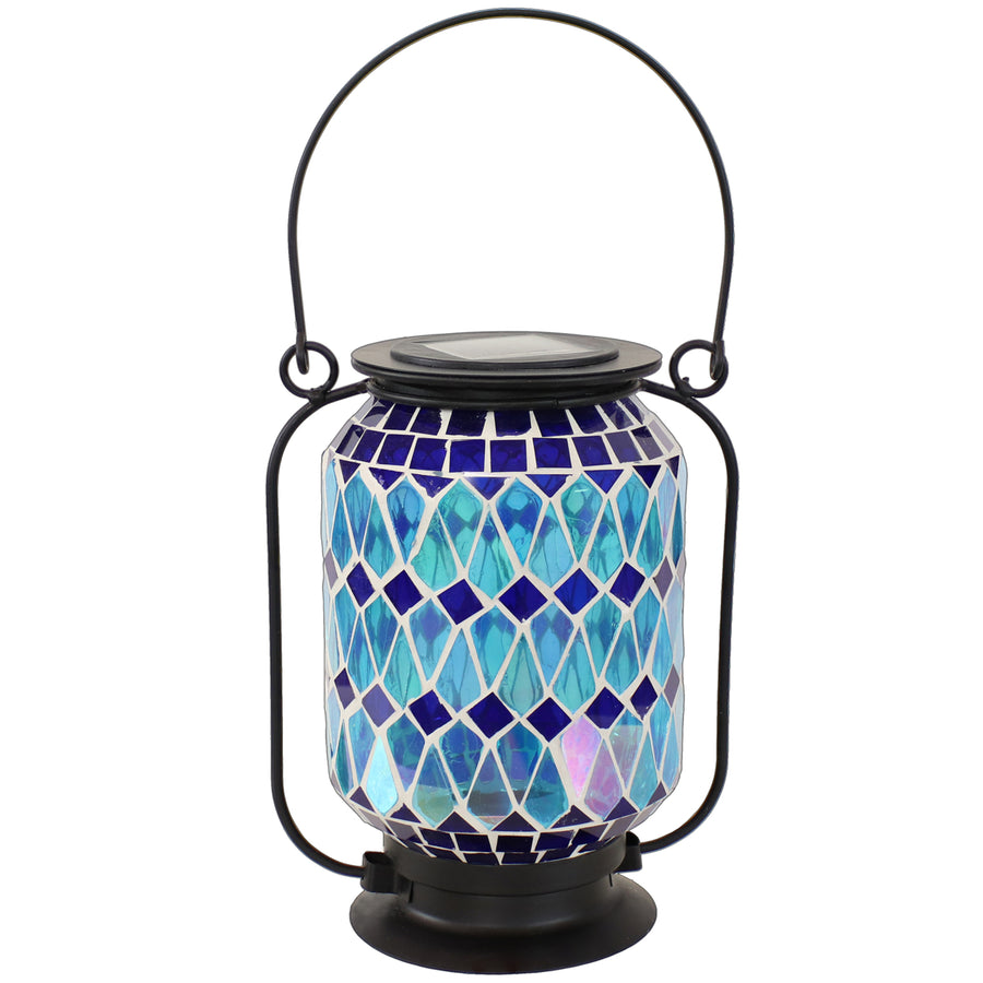 Sunnydaze Cool Blue Mosaic Glass Outdoor Solar LED Lantern - 8 in Image 1