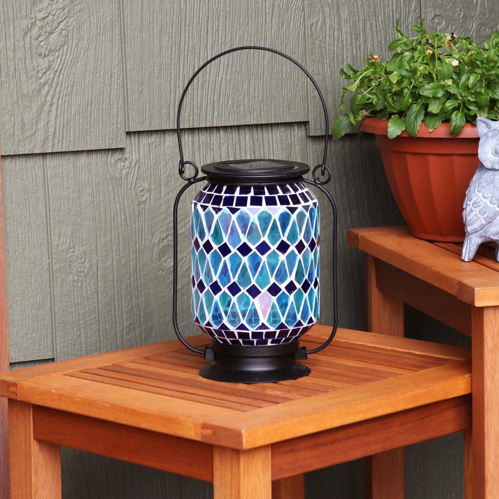 Sunnydaze Cool Blue Mosaic Glass Outdoor Solar LED Lantern - 8 in Image 2