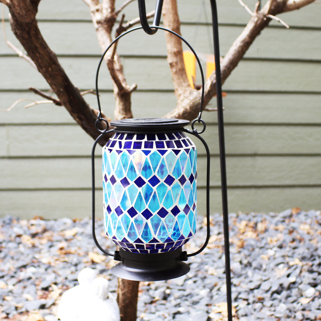 Sunnydaze Cool Blue Mosaic Glass Outdoor Solar LED Lantern - 8 in Image 9