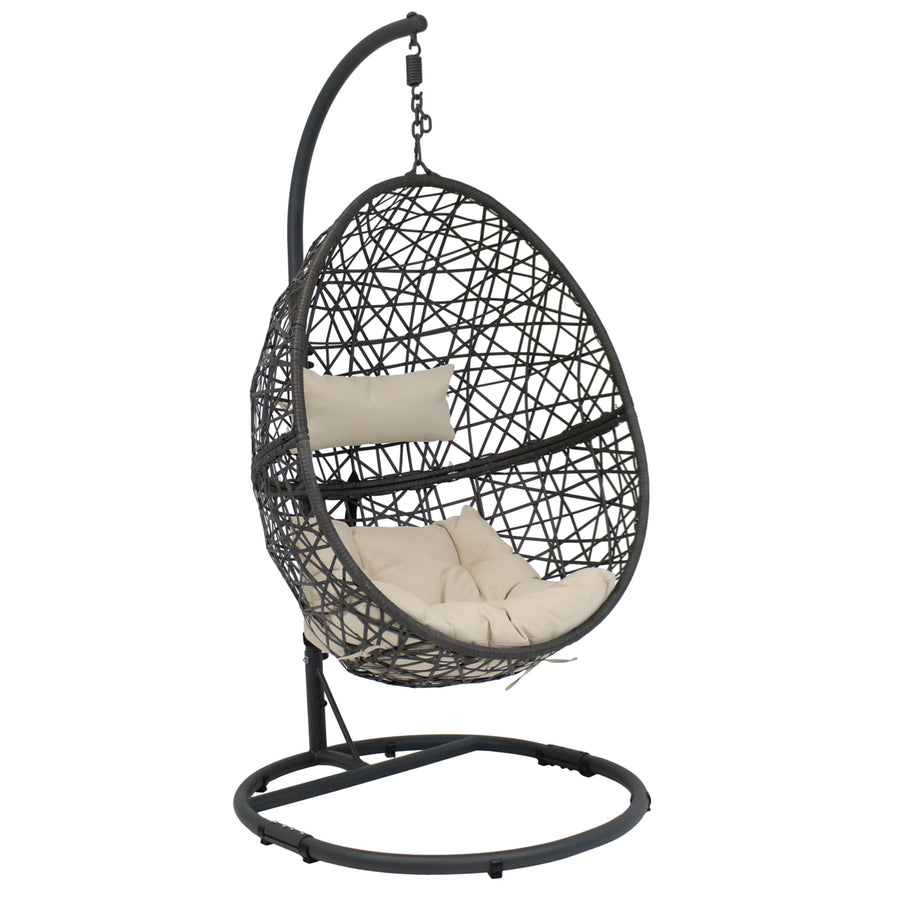 Sunnydaze Resin Wicker Hanging Egg Chair with Steel Stand/Cushions - Beige Image 1