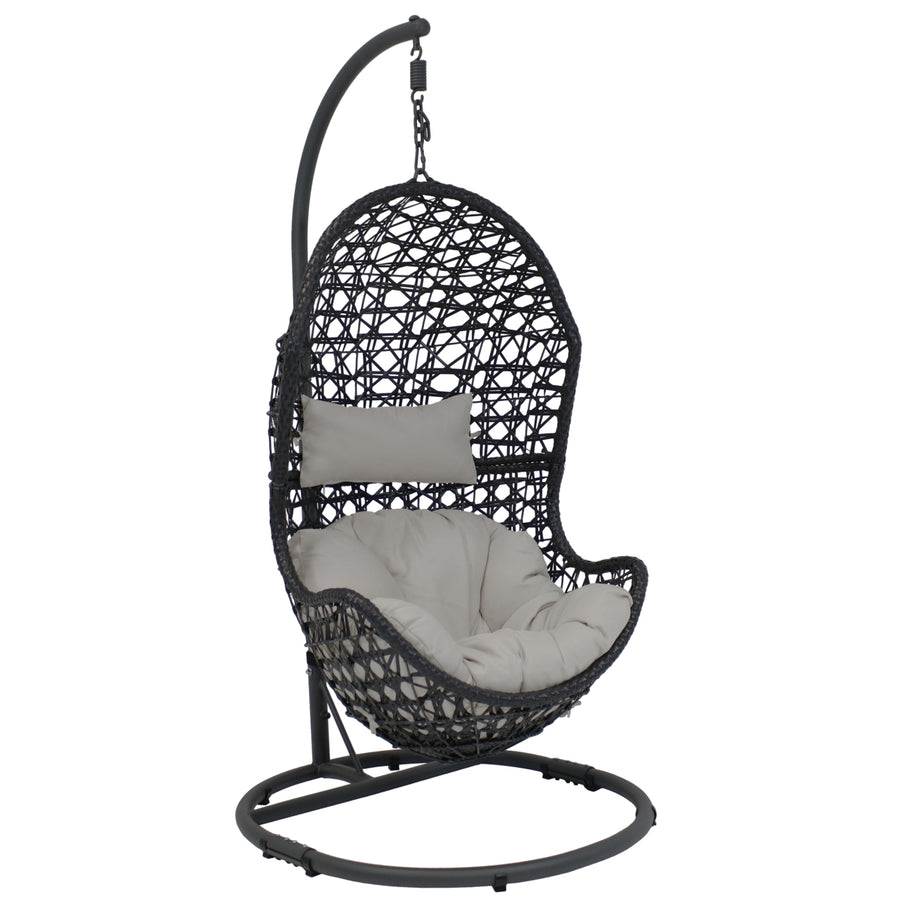 Sunnydaze Resin Wicker Basket Egg Chair with Steel Stand/Cushions - Gray Image 1