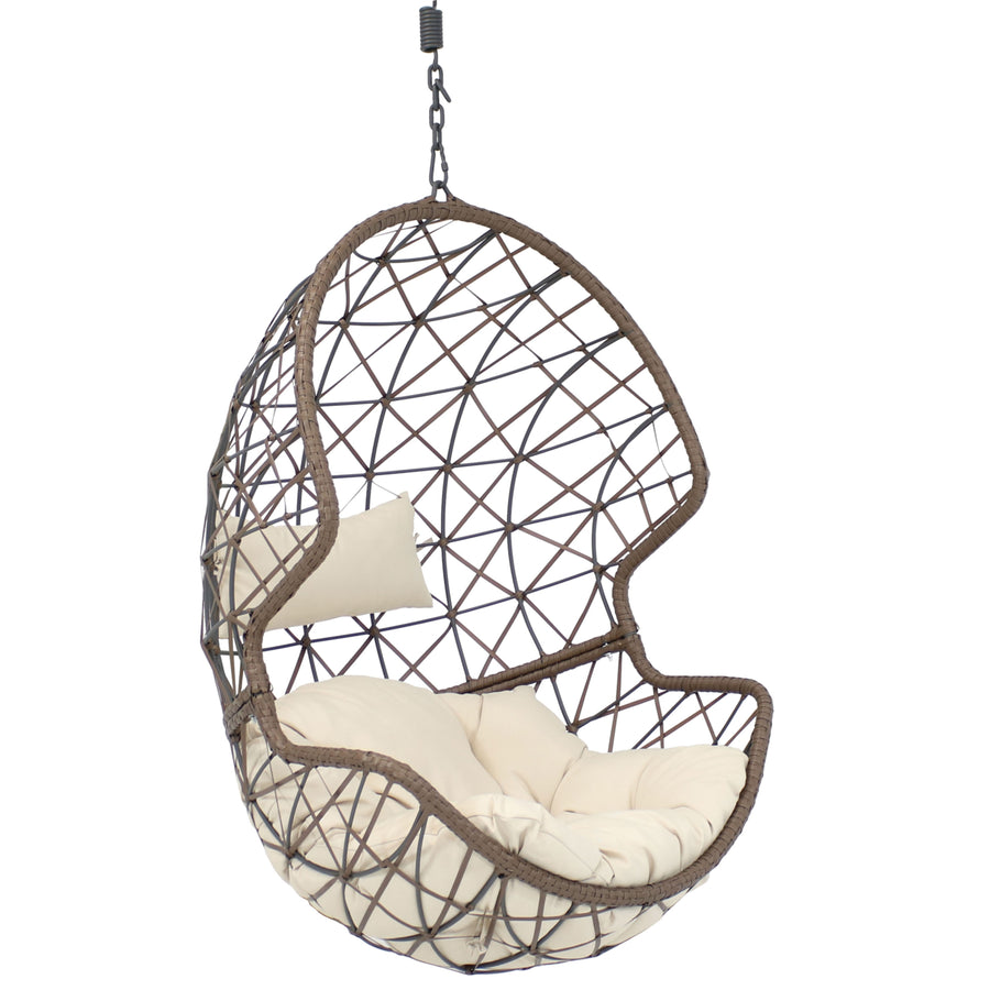 Sunnydaze Brown Resin Wicker Basket Hanging Egg Chair with Cushions - Beige Image 1