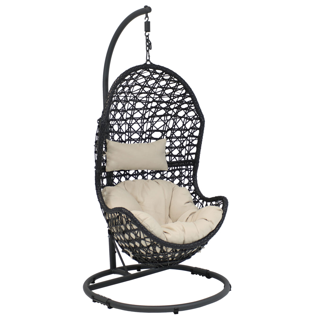 Sunnydaze Resin Wicker Basket Egg Chair with Steel Stand/Cushions - Beige Image 1