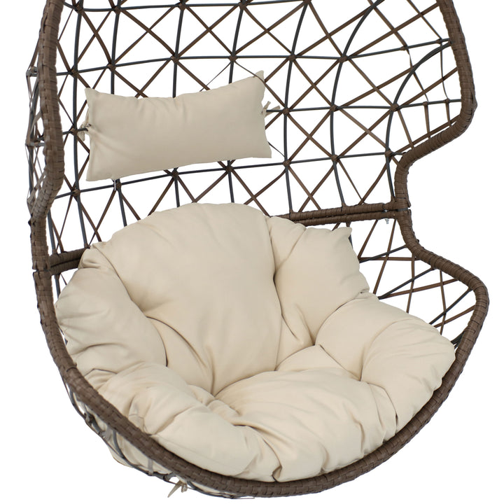 Sunnydaze Brown Resin Wicker Basket Hanging Egg Chair with Cushions - Beige Image 8
