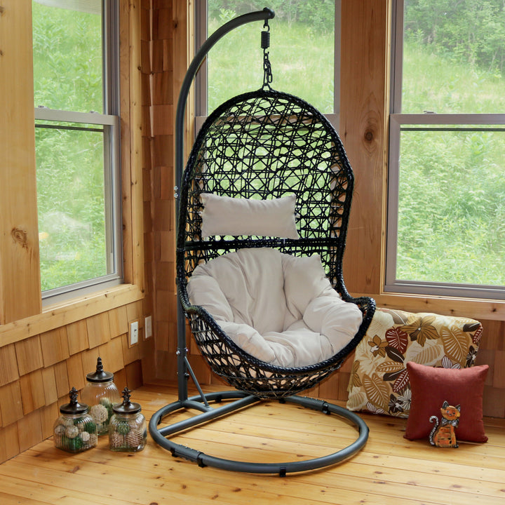 Sunnydaze Resin Wicker Basket Egg Chair with Steel Stand/Cushions - Beige Image 7