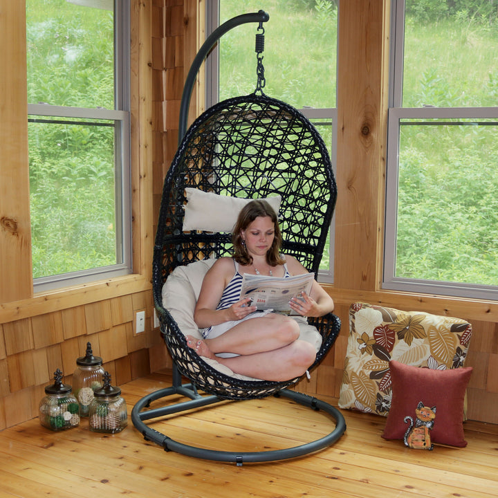Sunnydaze Resin Wicker Basket Egg Chair with Steel Stand/Cushions - Beige Image 11