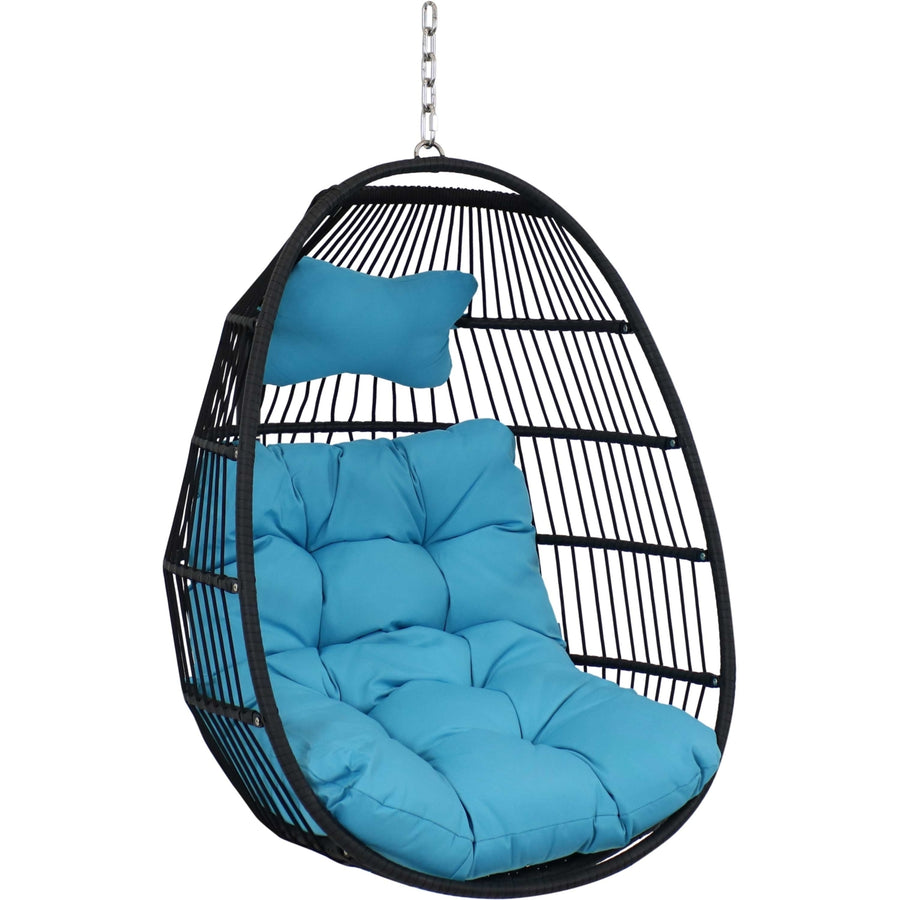 Sunnydaze Black Polyethylene Wicker Hanging Egg Chair with Cushions - Blue Image 1