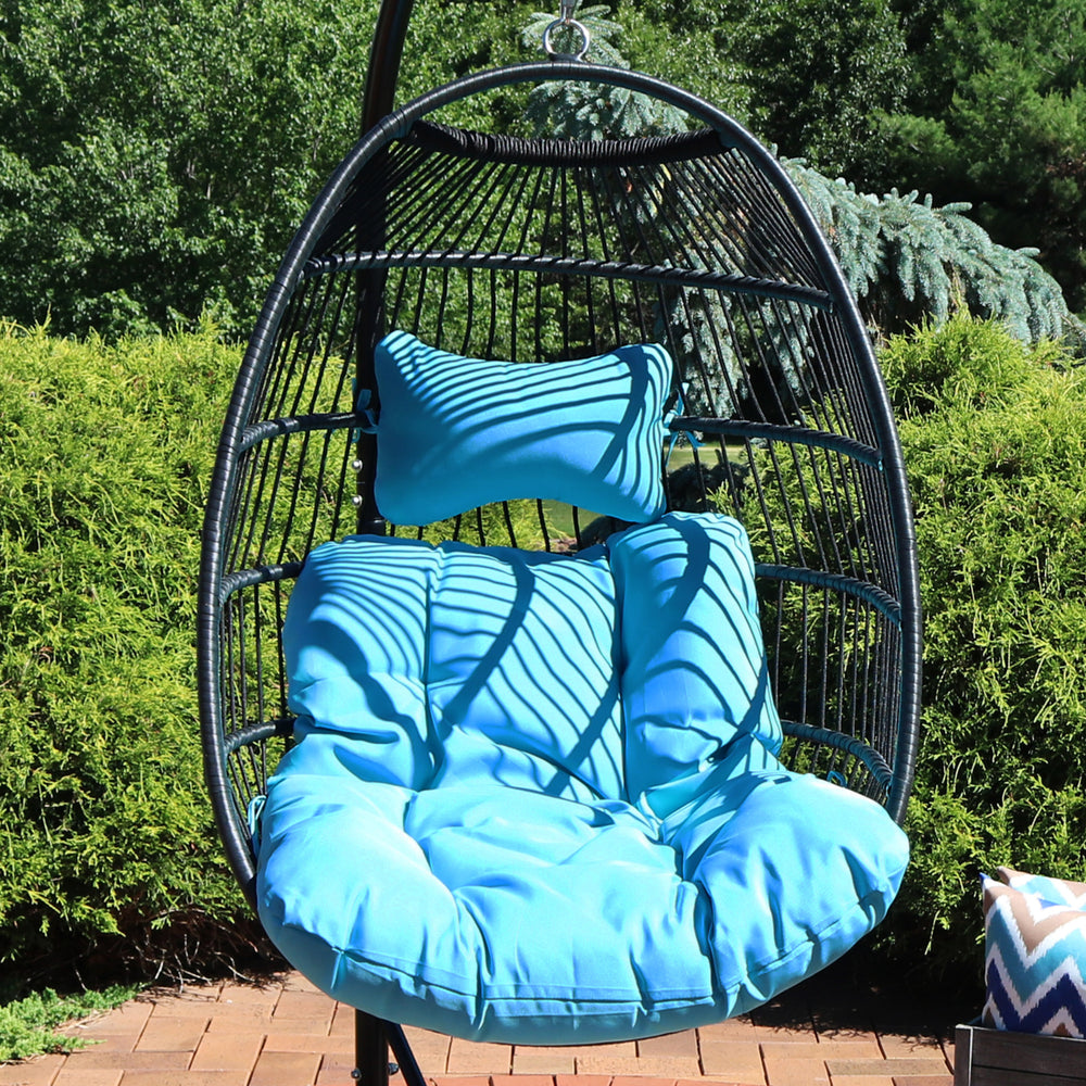 Sunnydaze Black Polyethylene Wicker Hanging Egg Chair with Cushions - Blue Image 2