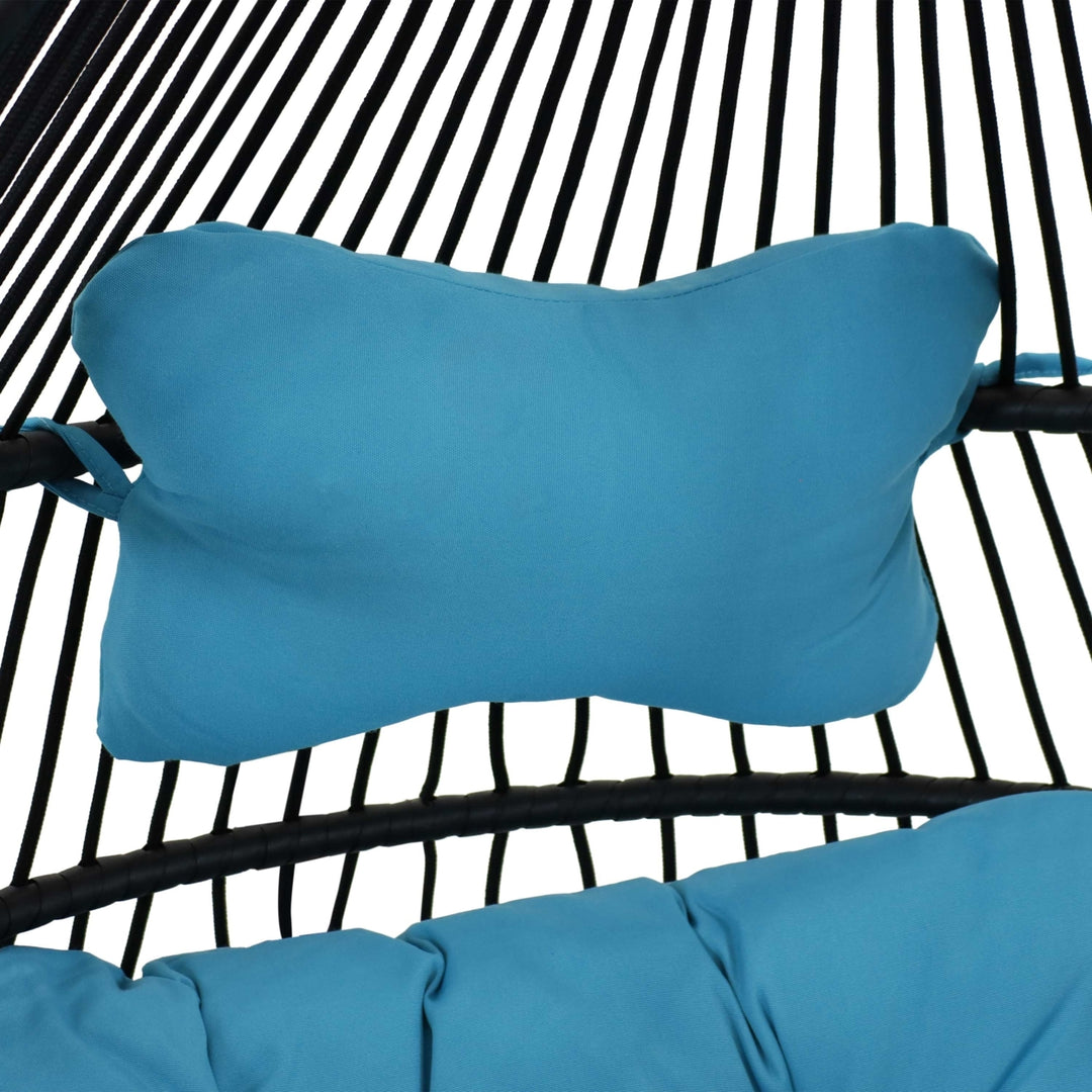 Sunnydaze Black Polyethylene Wicker Hanging Egg Chair with Cushions - Blue Image 5