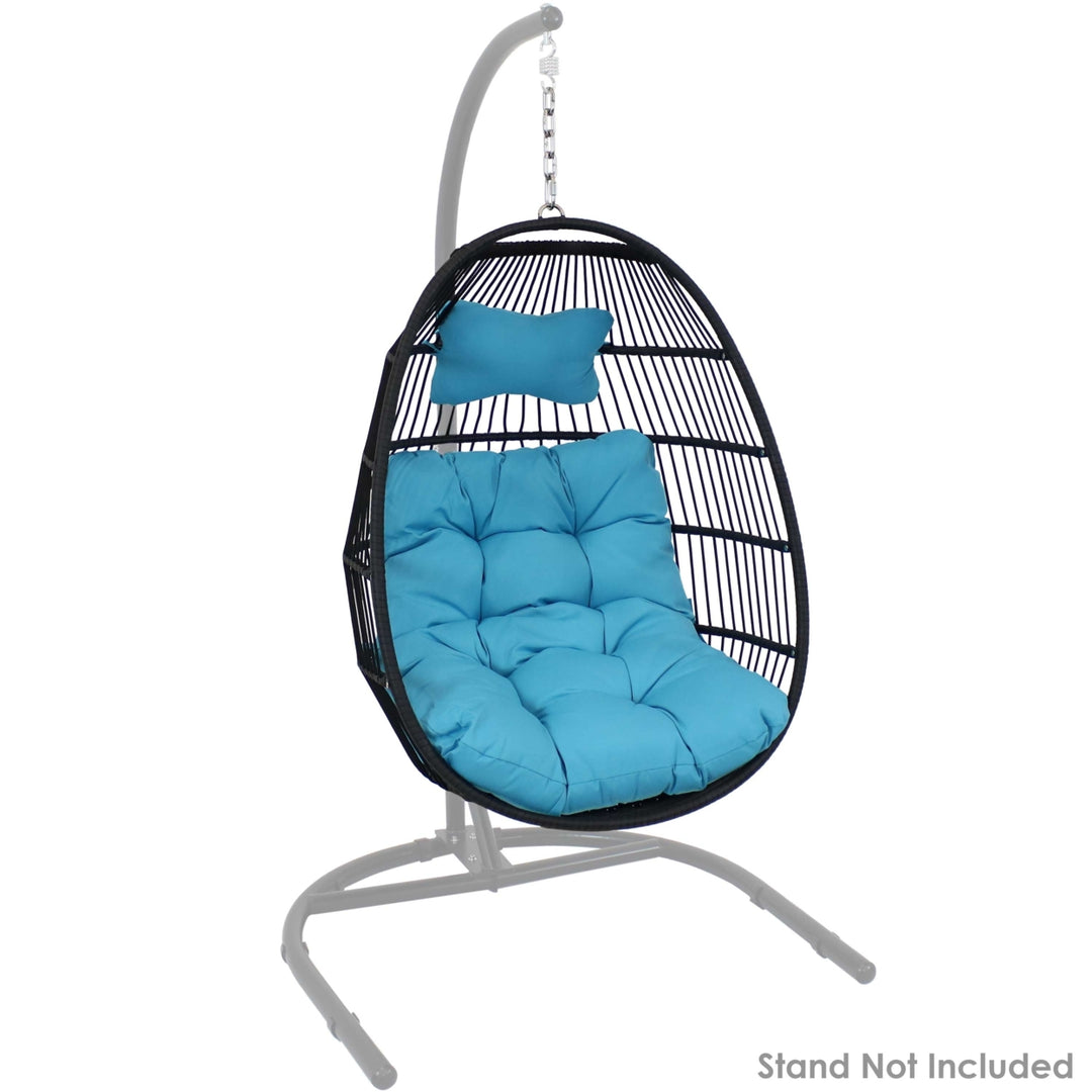 Sunnydaze Black Polyethylene Wicker Hanging Egg Chair with Cushions - Blue Image 9
