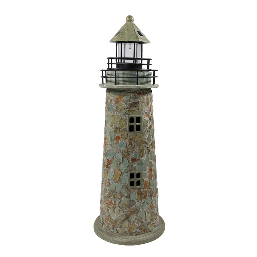 Sunnydaze 25 in Resin and Cobblestone Solar LED Lighthouse Nautical Statue Image 1