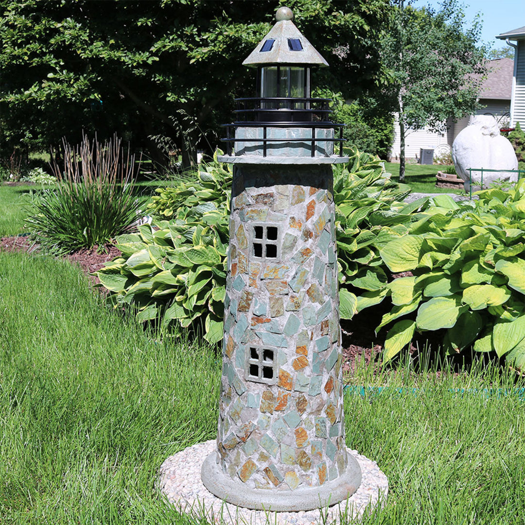 Sunnydaze 25 in Resin and Cobblestone Solar LED Lighthouse Nautical Statue Image 7