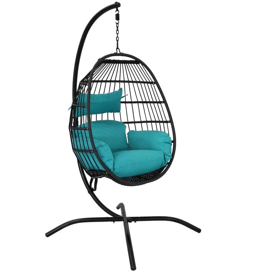 Sunnydaze Resin Wicker Hanging Egg Chair with Steel Stand/Cushion - Teal Image 1