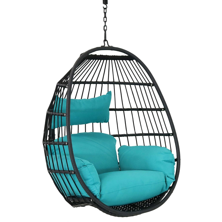 Sunnydaze Black Resin Wicker Hanging Egg Chair with Cushions - Blue Image 1