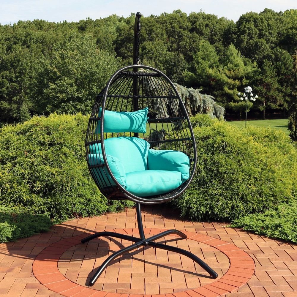 Sunnydaze Resin Wicker Hanging Egg Chair with Steel Stand/Cushion - Teal Image 2