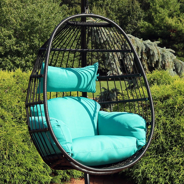 Sunnydaze Black Resin Wicker Hanging Egg Chair with Cushions - Blue Image 2