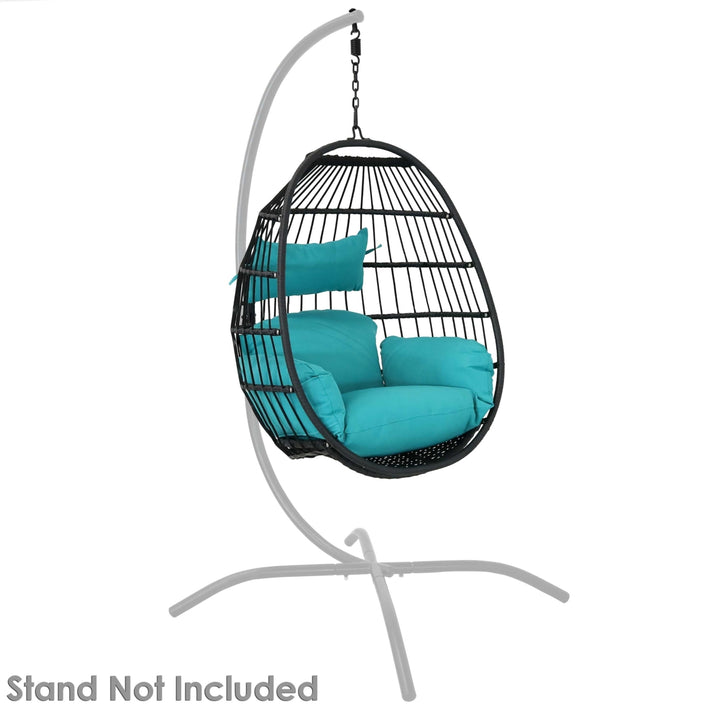 Sunnydaze Black Resin Wicker Hanging Egg Chair with Cushions - Blue Image 7