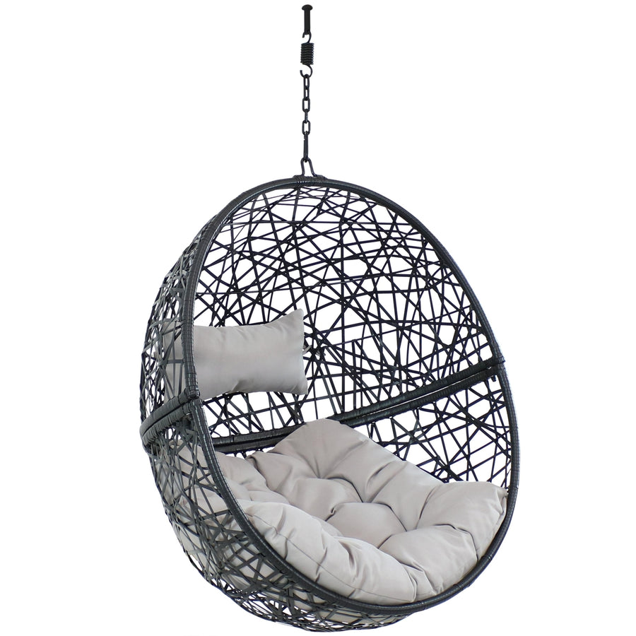 Sunnydaze Black Resin Wicker Round Hanging Egg Chair with Cushions - Gray Image 1