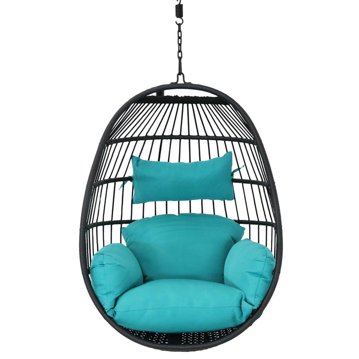 Sunnydaze Black Resin Wicker Hanging Egg Chair with Cushions - Blue Image 9