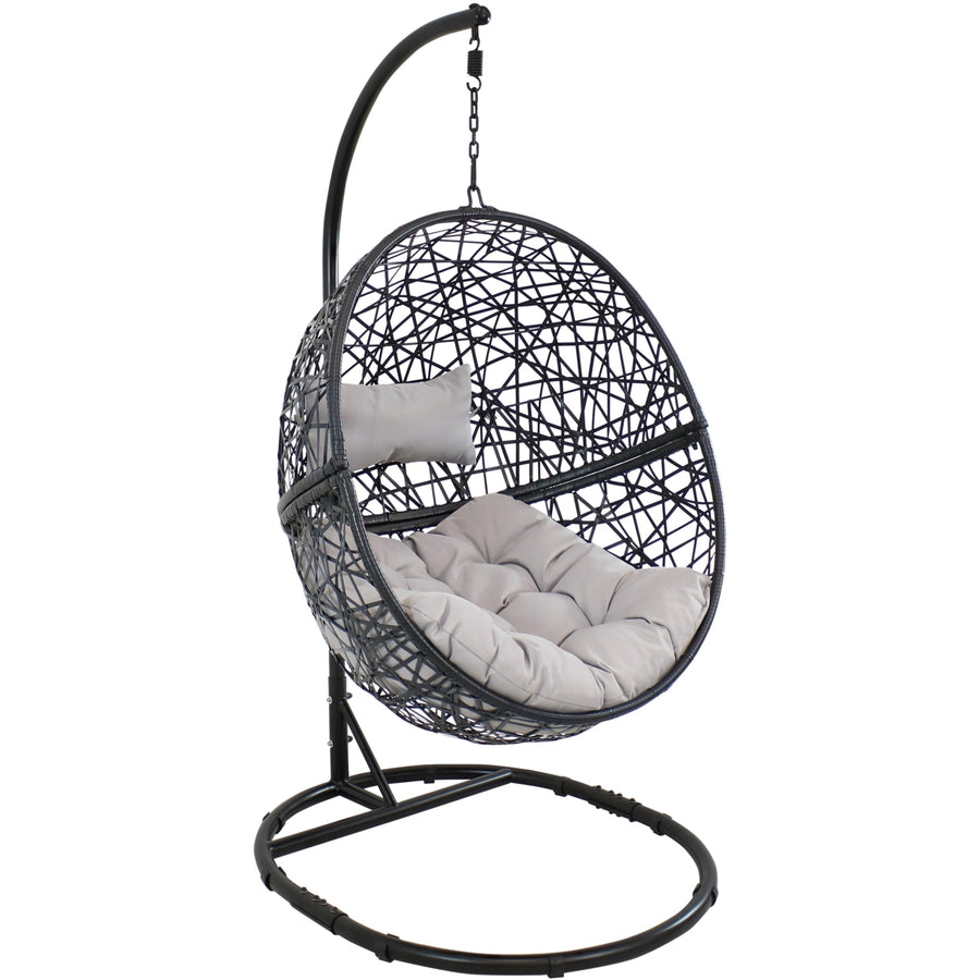 Sunnydaze Resin Wicker Hanging Egg Chair with Steel Stand/Cushion - Gray Image 1
