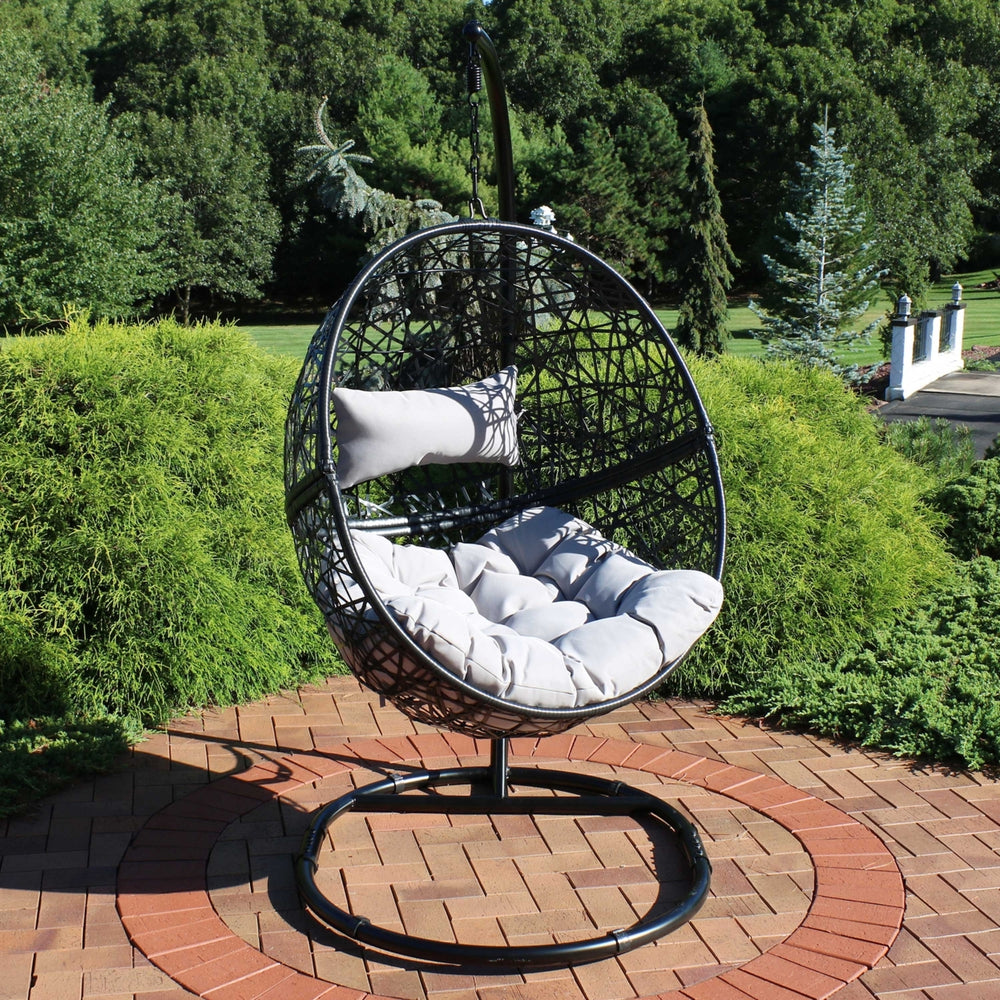 Sunnydaze Resin Wicker Hanging Egg Chair with Steel Stand/Cushion - Gray Image 2