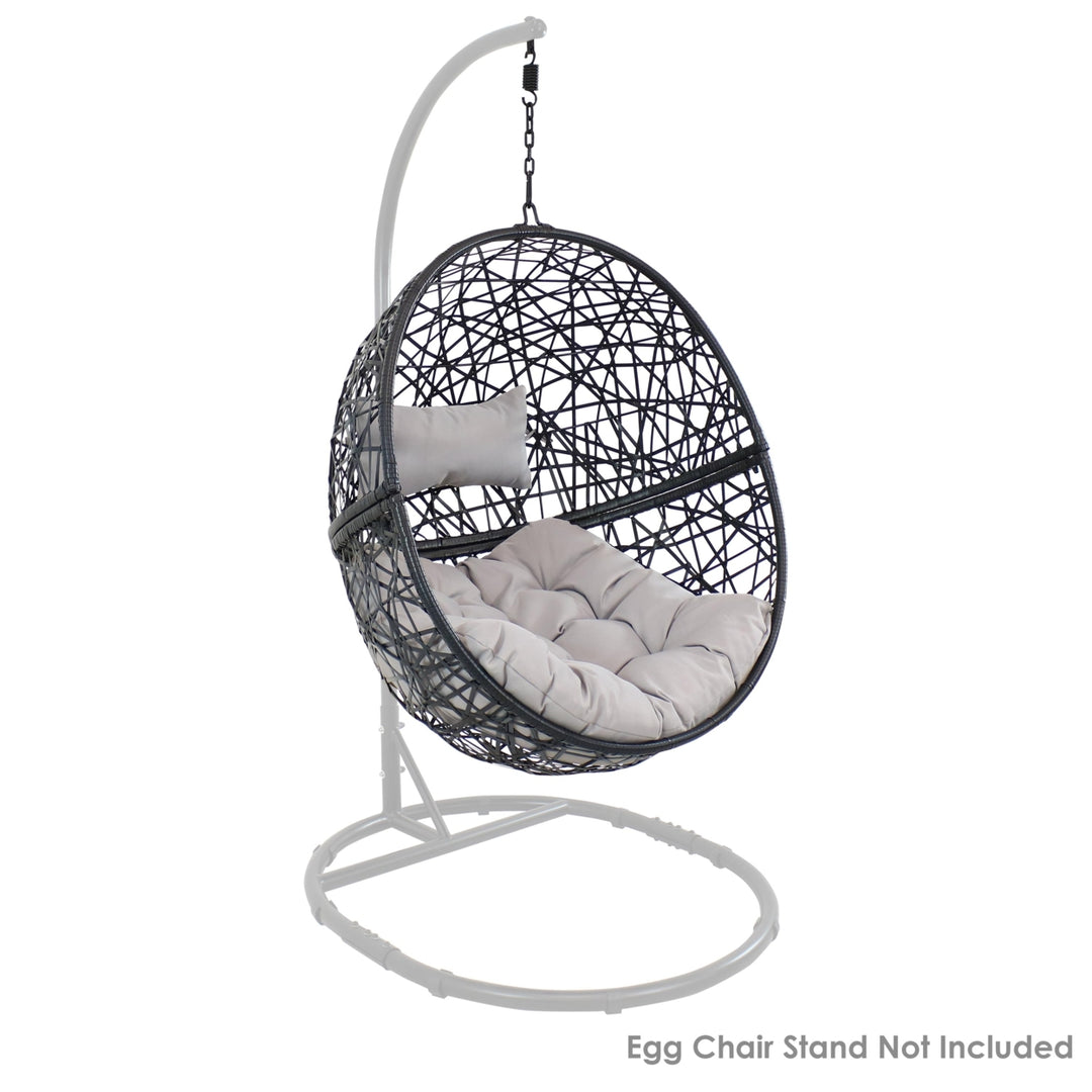 Sunnydaze Black Resin Wicker Round Hanging Egg Chair with Cushions - Gray Image 10