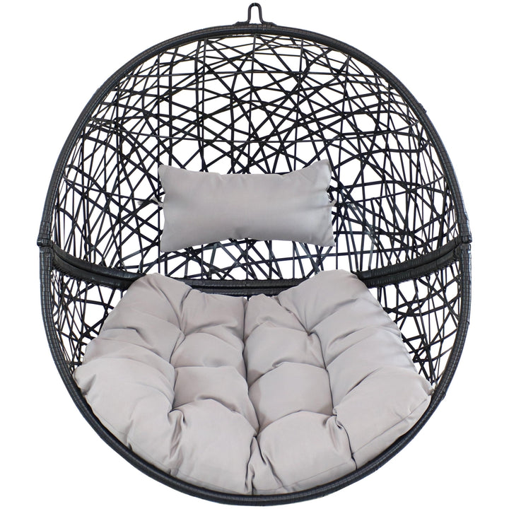 Sunnydaze Resin Wicker Hanging Egg Chair with Steel Stand/Cushion - Gray Image 8