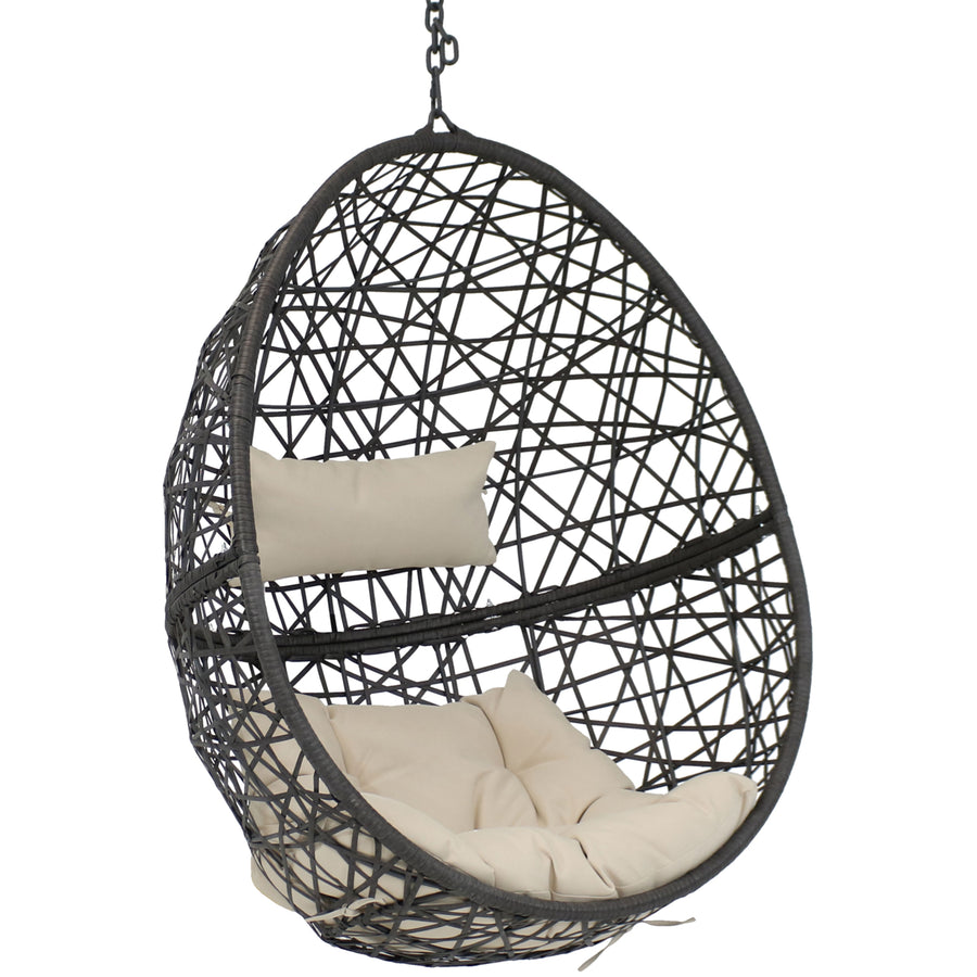 Sunnydaze Black Resin Wicker Hanging Egg Chair with Cushions - Beige Image 1