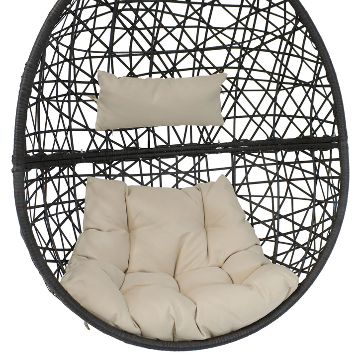 Sunnydaze Black Resin Wicker Hanging Egg Chair with Cushions - Beige Image 7
