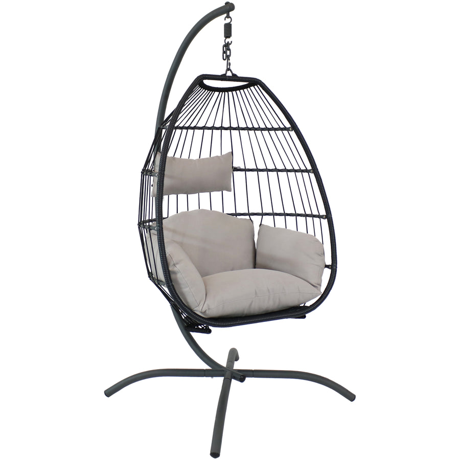 Sunnydaze Resin Wicker Hanging Egg Chair with Steel Stand/Cushions - Gray Image 1