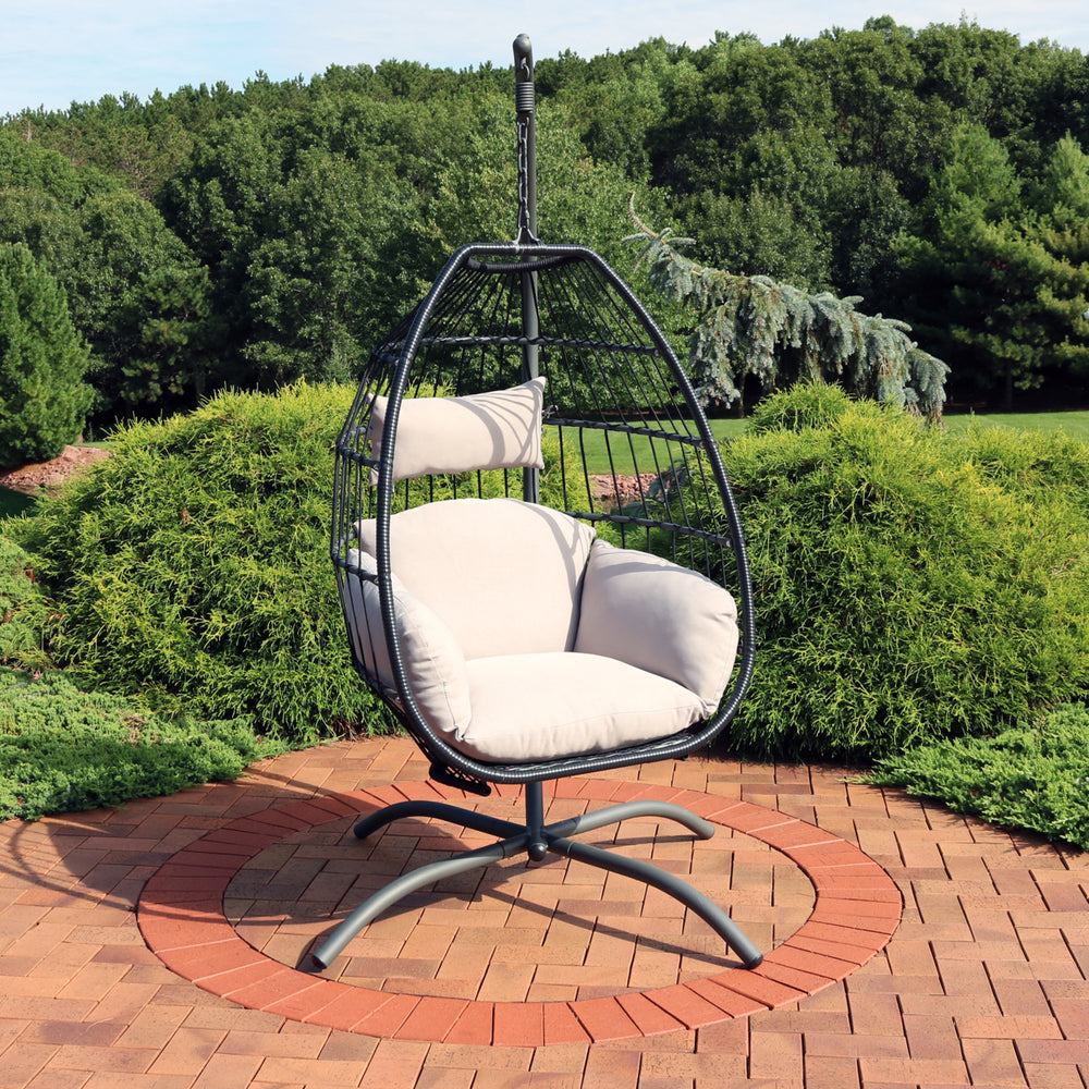 Sunnydaze Resin Wicker Hanging Egg Chair with Steel Stand/Cushions - Gray Image 2