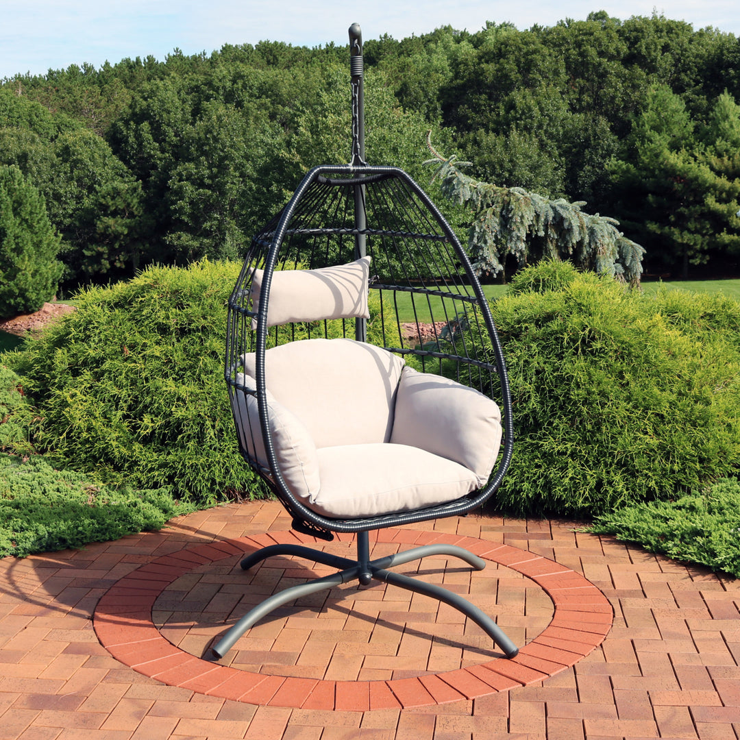 Sunnydaze Resin Wicker Hanging Egg Chair with Steel Stand/Cushions - Gray Image 2