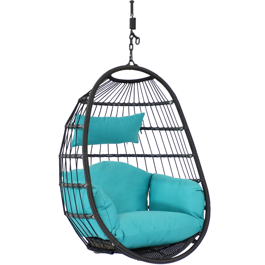 Sunnydaze Resin Wicker Hanging Egg Chair with Polyester Cushions - Blue Image 1