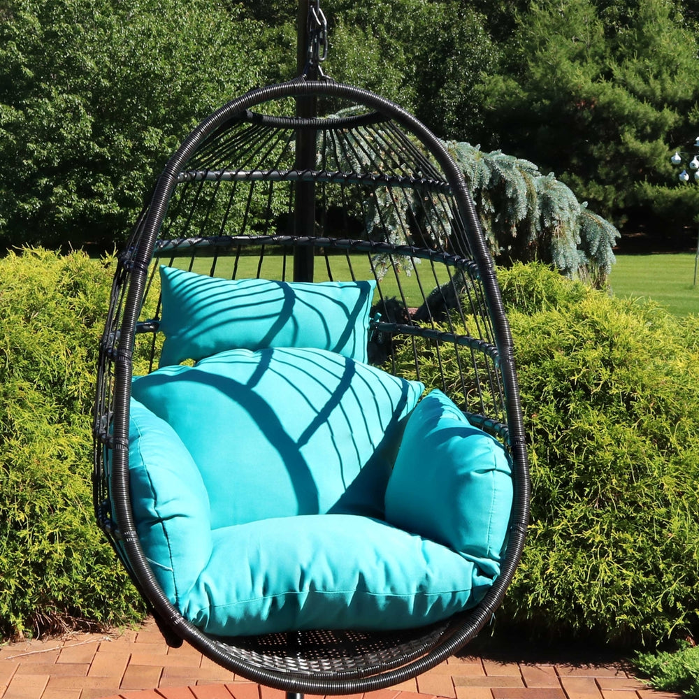 Sunnydaze Resin Wicker Hanging Egg Chair with Polyester Cushions - Blue Image 2