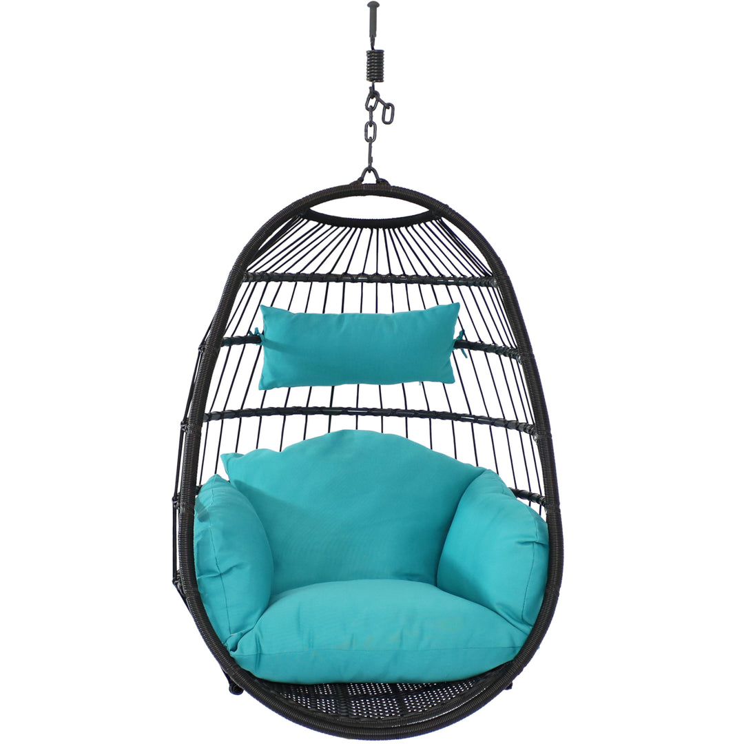 Sunnydaze Resin Wicker Hanging Egg Chair with Polyester Cushions - Blue Image 8
