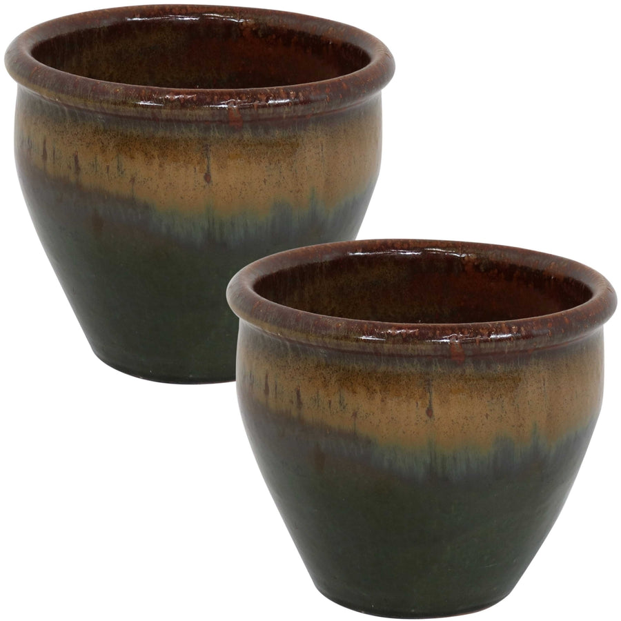 Sunnydaze 9 in Chalet Glazed Ceramic Planter - Forest Lake Green - Set of 2 Image 1