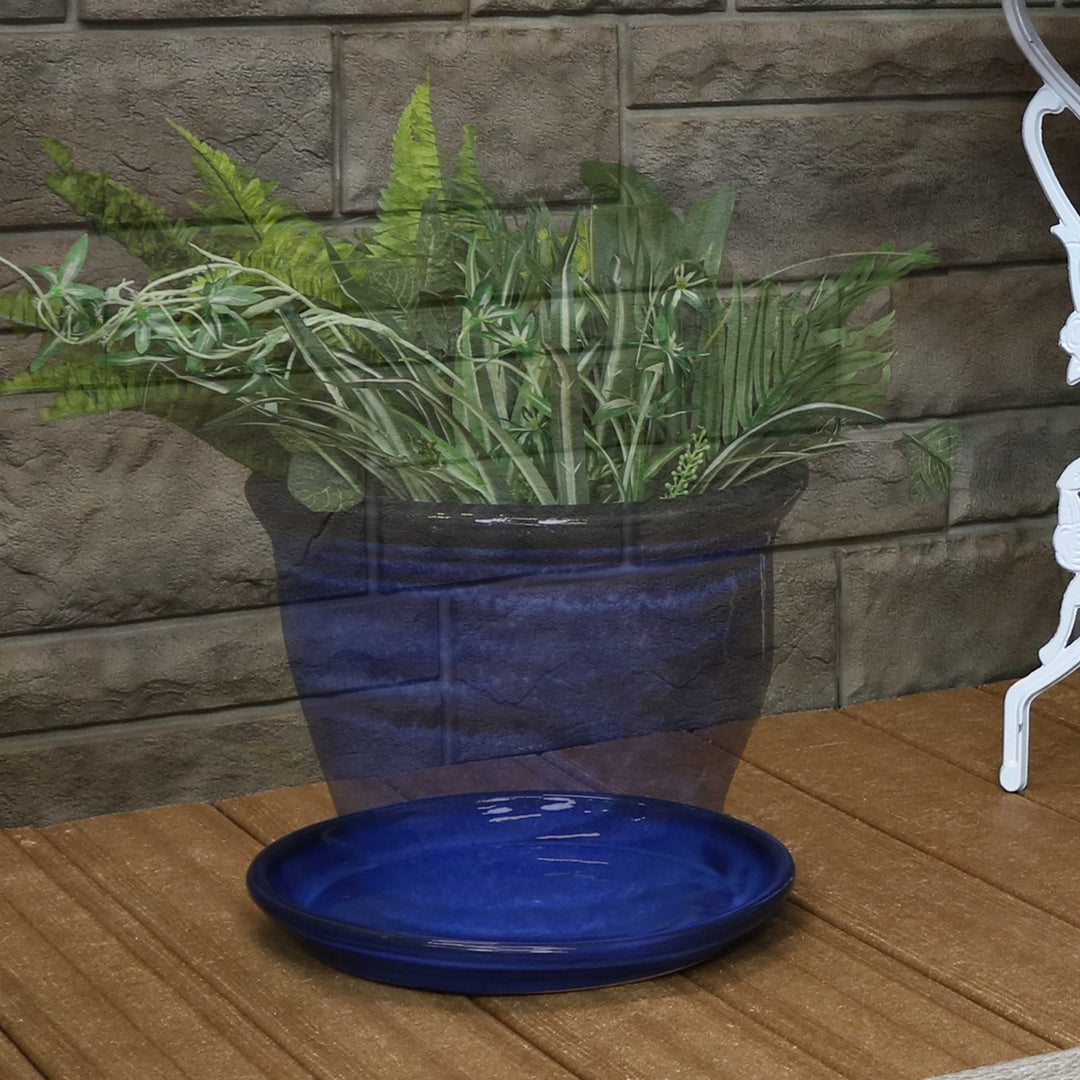 Sunnydaze 12 in Glazed Ceramic Flower Pot/Plant Saucer - Blue - Set of 2 Image 6