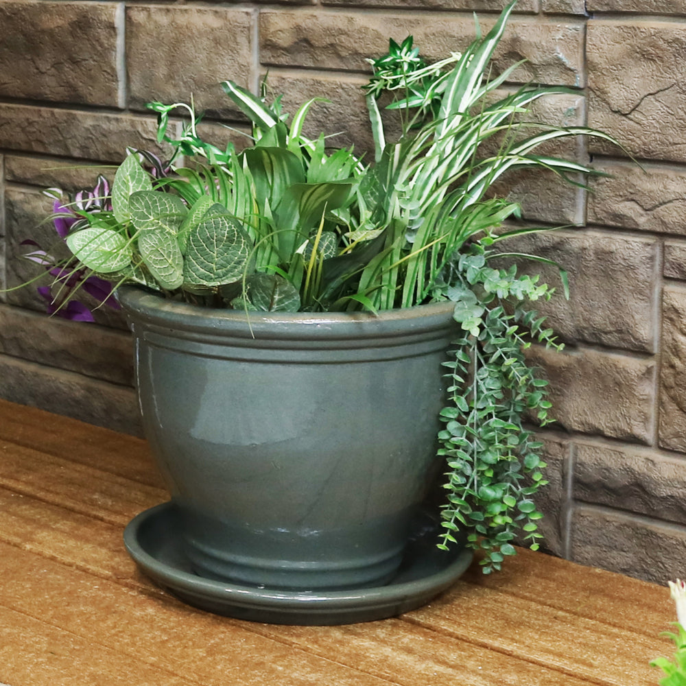 Sunnydaze 12 in Glazed Ceramic Flower Pot/Plant Saucer - Gray - Set of 2 Image 2