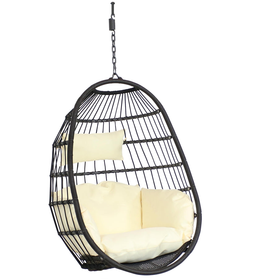 Sunnydaze Black Resin Wicker Hanging Egg Chair with Cushions - Cream Image 1