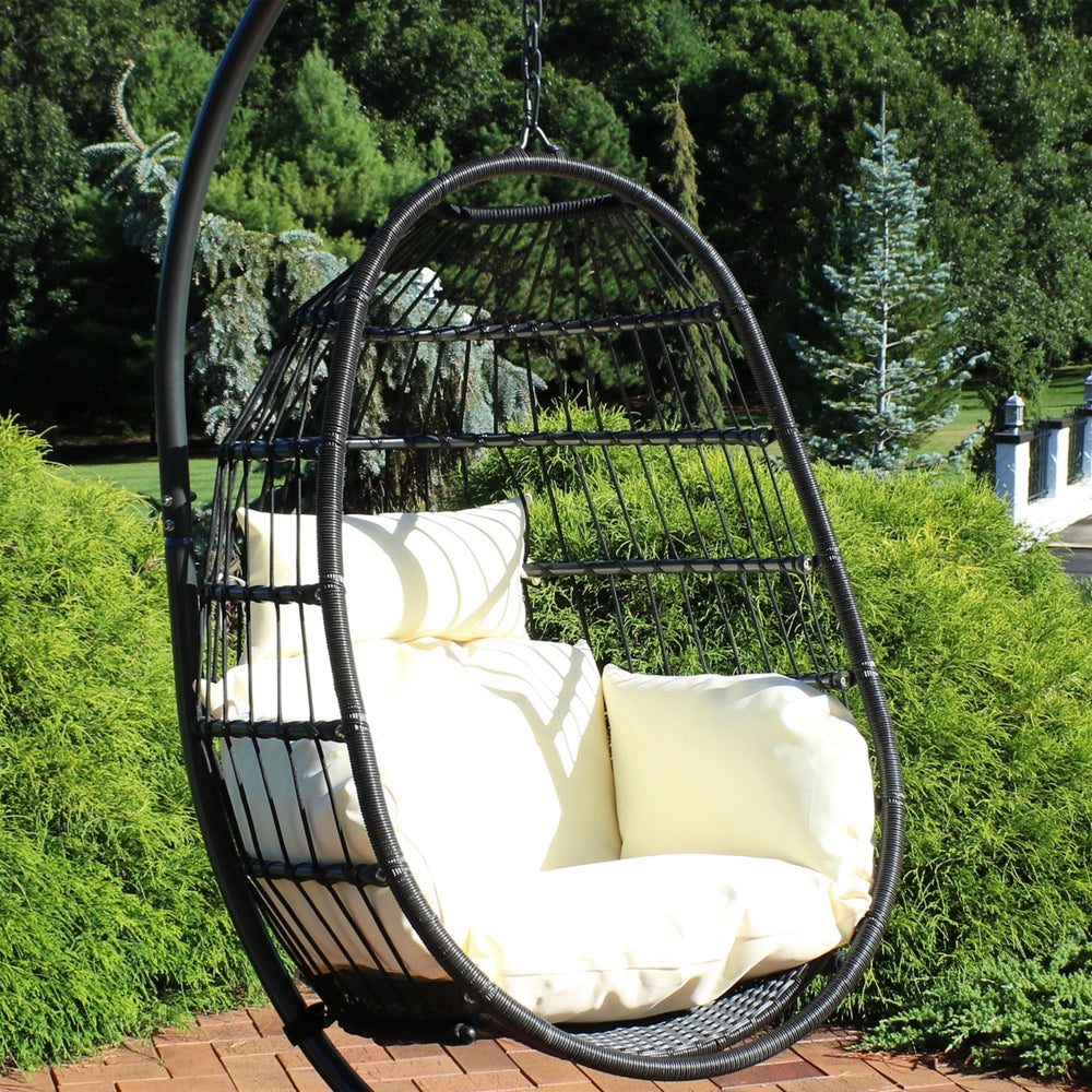 Sunnydaze Black Resin Wicker Hanging Egg Chair with Cushions - Cream Image 2