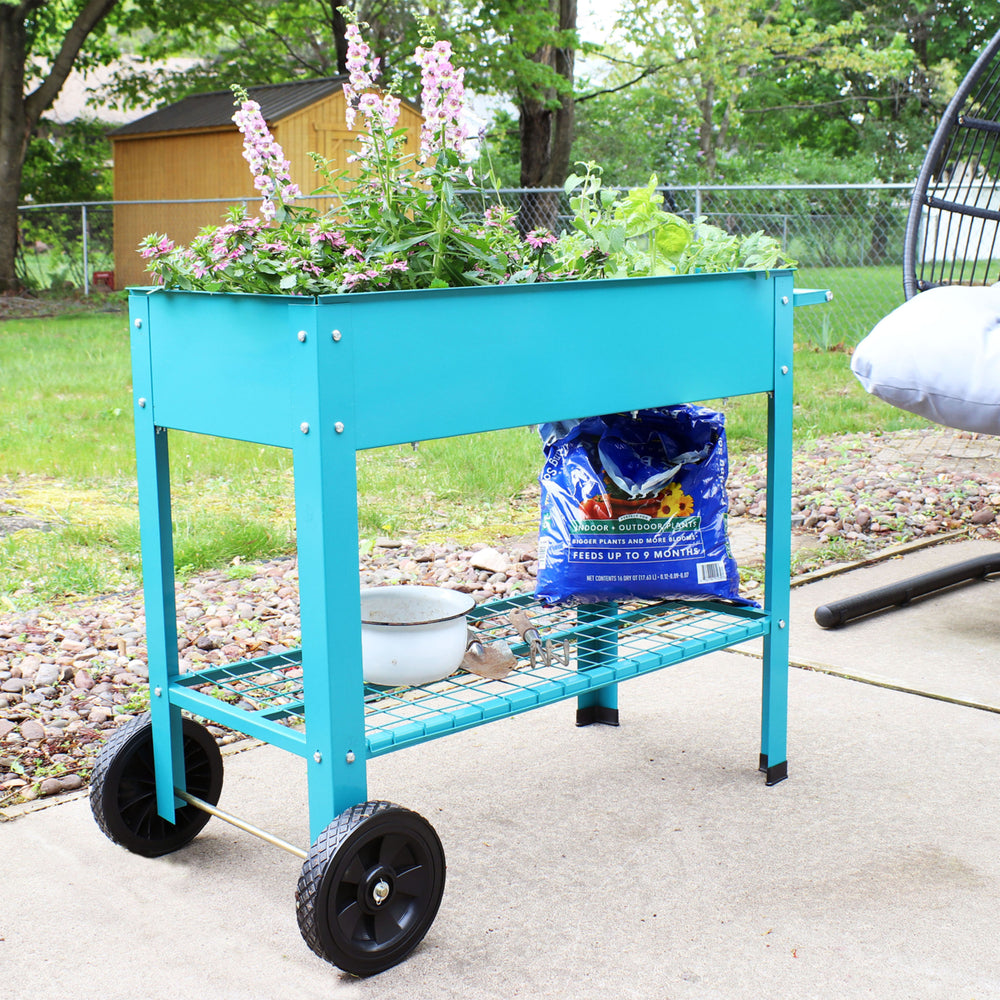Sunnydaze 43 in Galvanized Steel Mobile Raised Garden Bed Cart - Blue Image 2