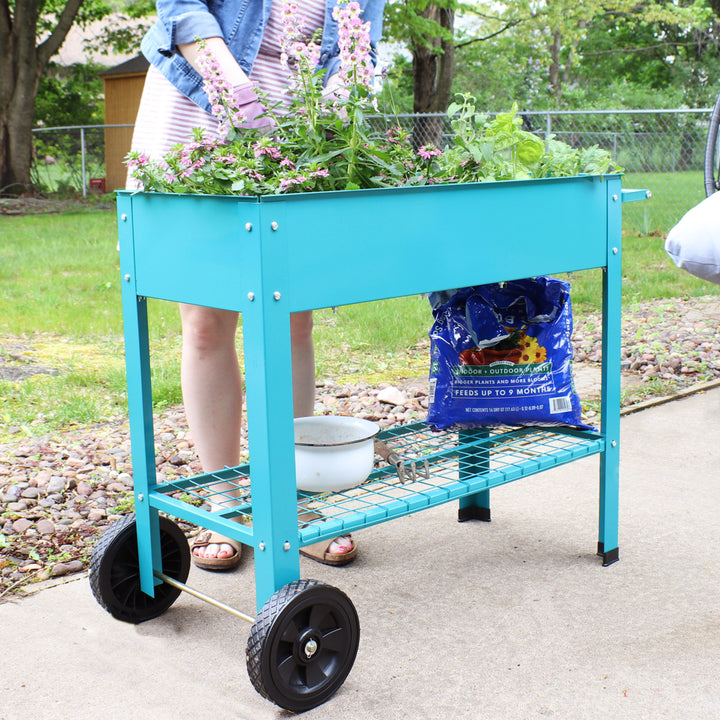 Sunnydaze 43 in Galvanized Steel Mobile Raised Garden Bed Cart - Blue Image 10